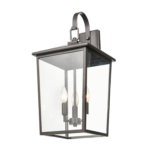 Powder coated bronze outdoor wall light with three candle-style bulbs in clear glass lantern for walkway lighting