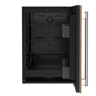 Open 24-inch undercounter refrigerator with LED interior lighting and adjustable shelves for KitchenAid appliance collection