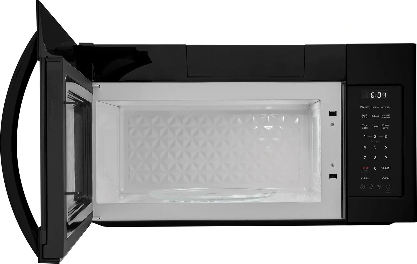 Black over-the-range microwave with open door, digital control panel, and patterned white interior from Microwaves collection