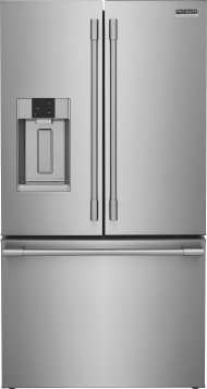 Stainless steel French door refrigerator with external water dispenser and freezer drawer in appliances collection