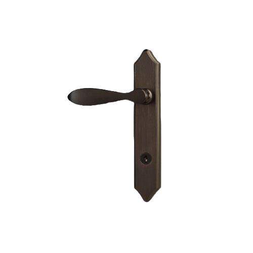 Aged bronze door lever handle with elongated backplate and classic vintage-inspired design for home improvement projects