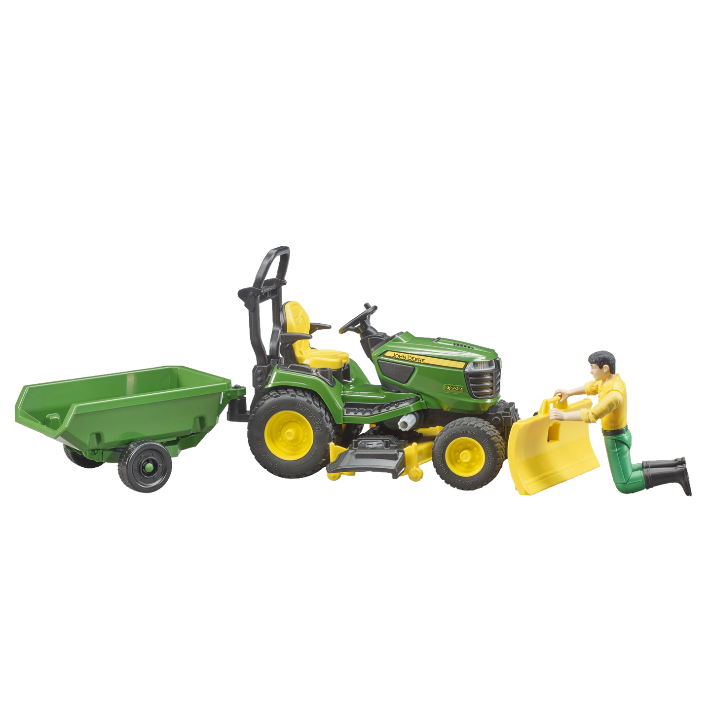 Green and yellow toy lawn tractor with trailer and removable front loader shown with kneeling man figure for play