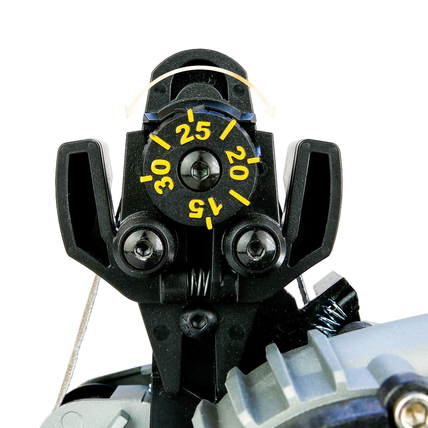 Close-up of black precision adjustment dial with yellow markings on a sharpening tool for kitchenware and home improvement tasks
