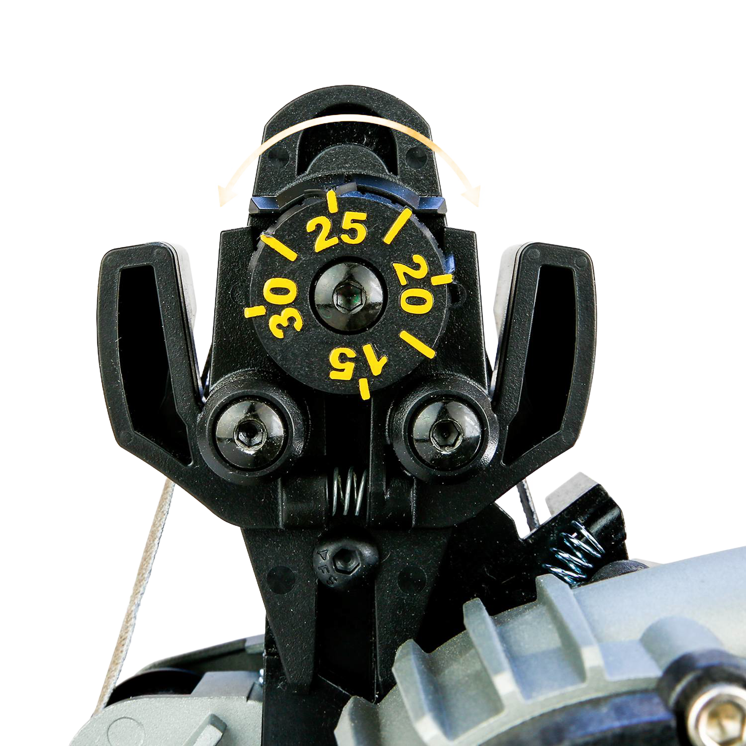 Close-up of black precision adjustment dial with yellow markings on a sharpening tool for kitchenware and home improvement tasks