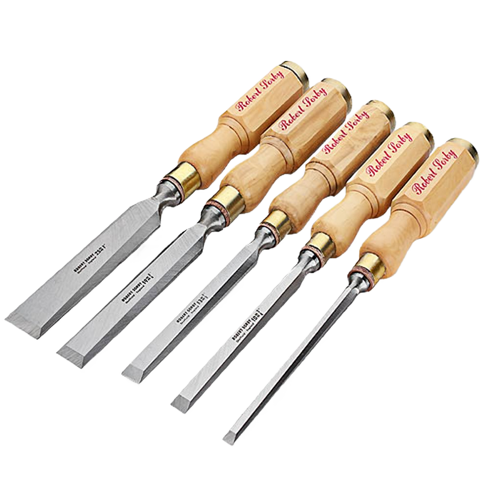 Set of five bench chisels with octagonal boxwood handles for woodworking tools and home improvement use