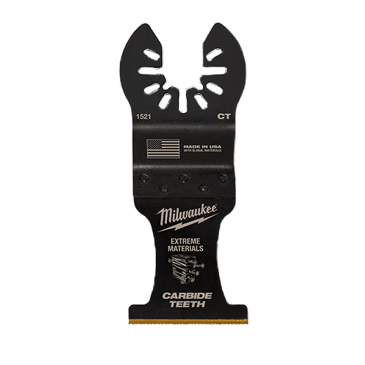 Black metal oscillating tool blade with carbide teeth, designed for cutting extreme materials in home improvement tasks