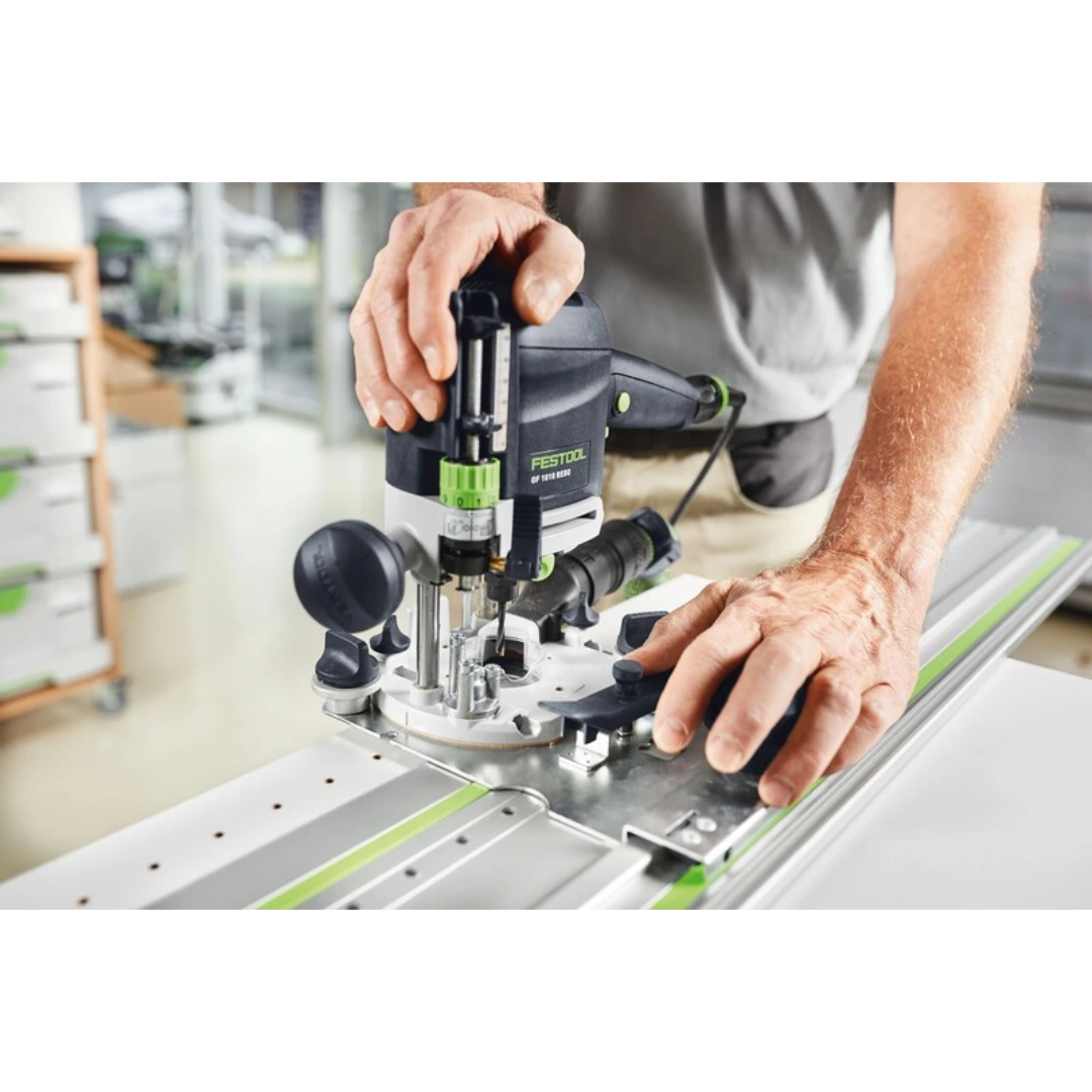 Festool router mounted on a 95-inch guide rail for precise drilling and woodworking tool accessory use in home improvement projects