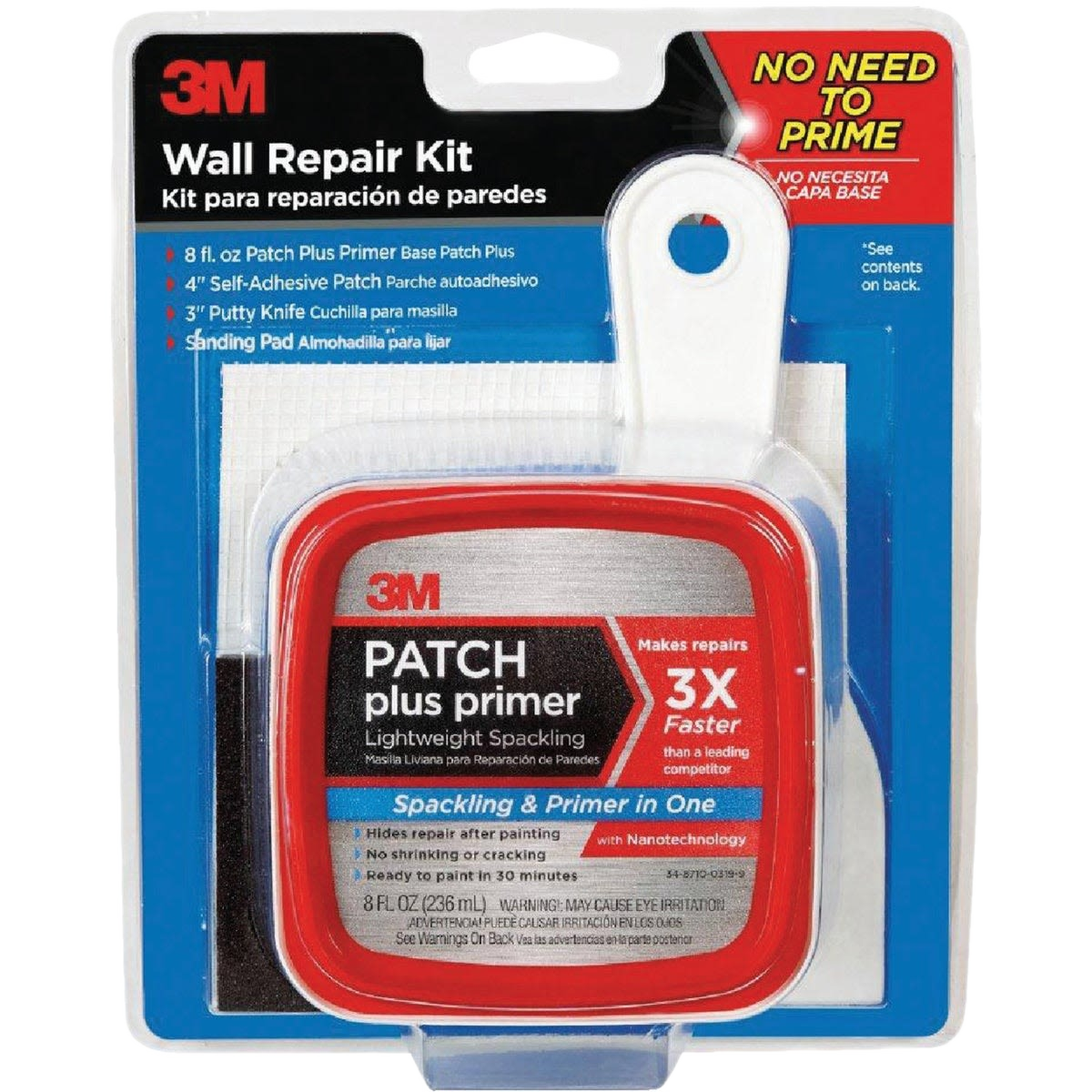 3M wall repair kit with patch plus primer, putty knife, and sanding pad for home improvement and patching tasks
