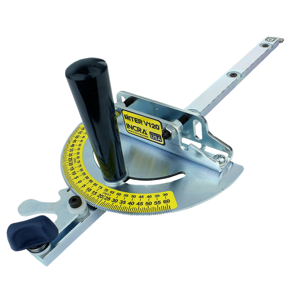 Compact precision miter gauge with steel protractor and ergonomic handle for saw accessories in tool and home improvement collections