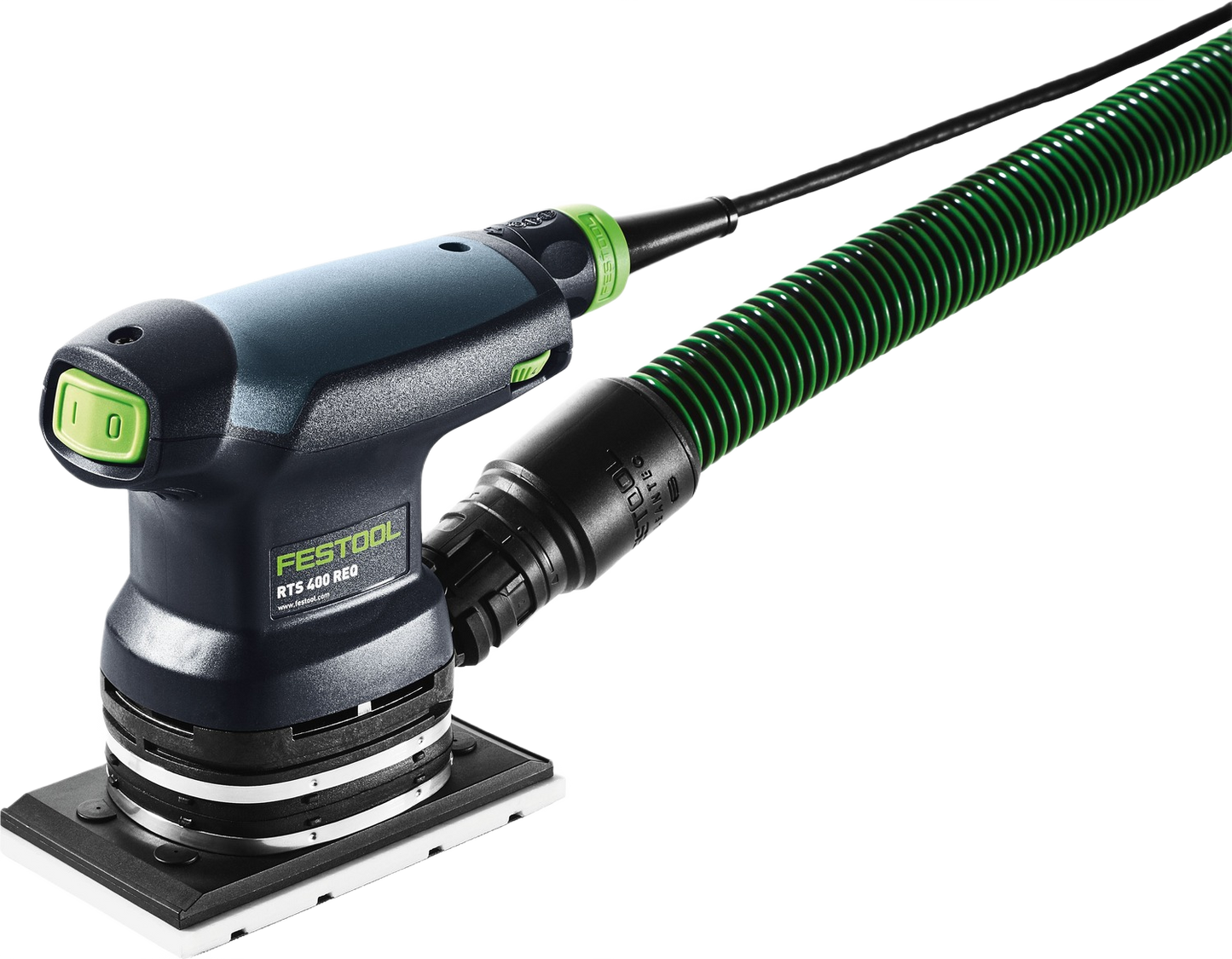 Compact blue and black orbital finish sander with green accents and attached green dust collection hose for home improvement tasks