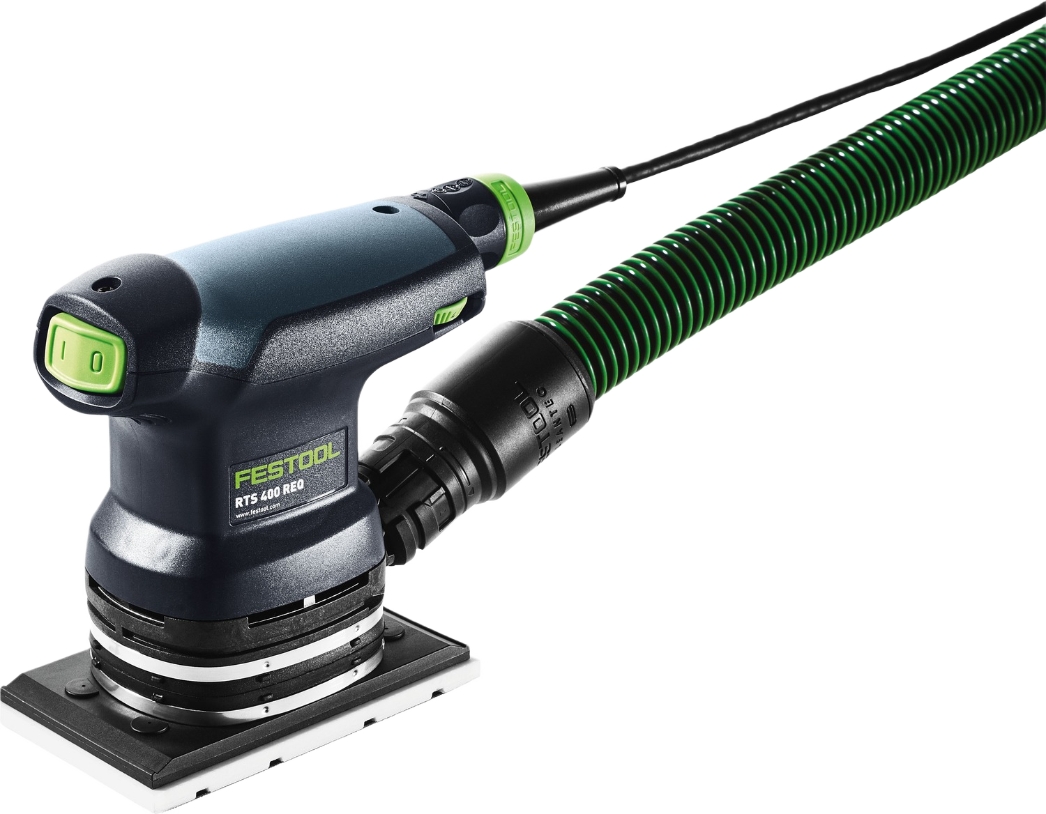 Compact blue and black orbital finish sander with green accents and attached green dust collection hose for home improvement tasks