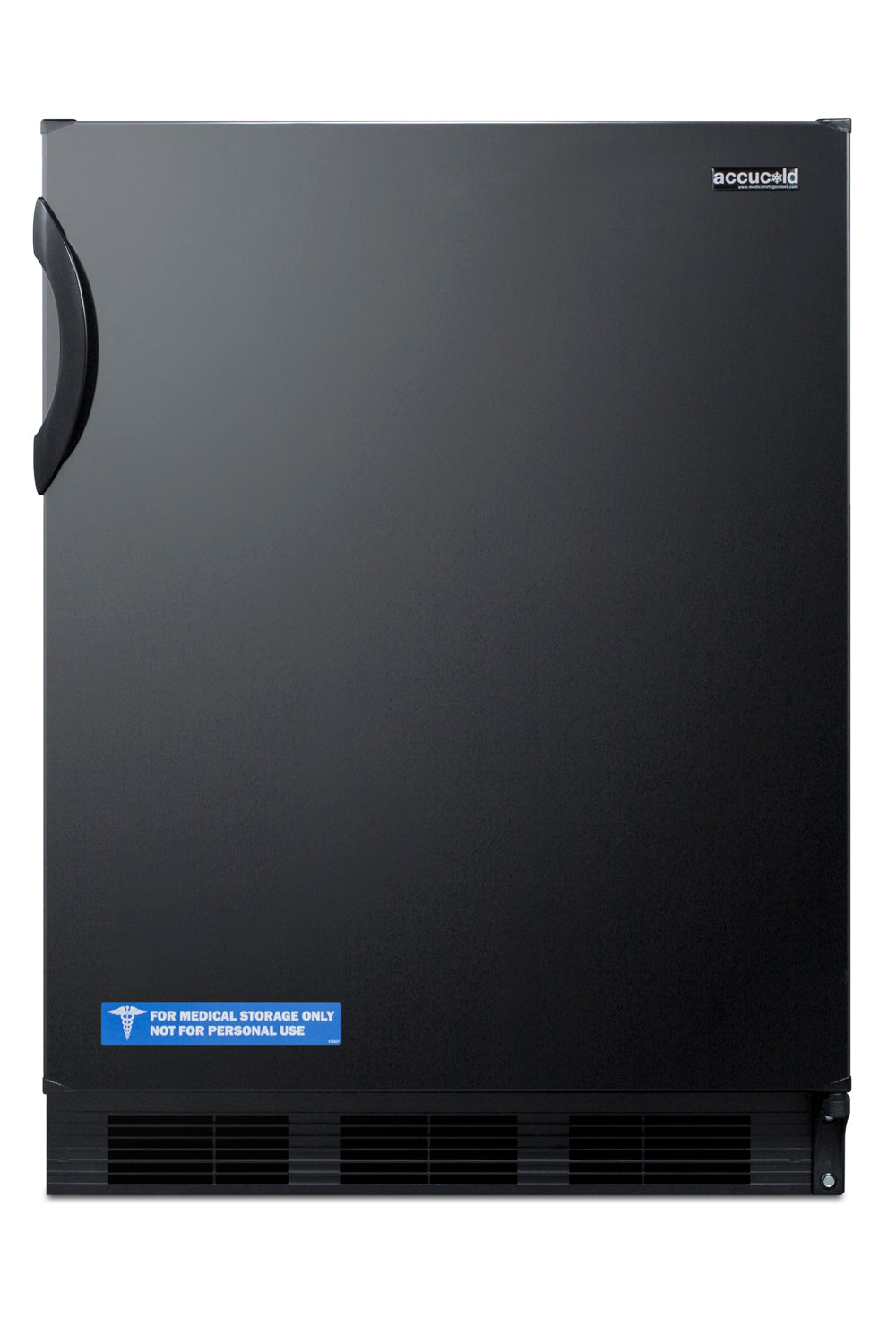 Black ADA compliant refrigerator-freezer with left handle, front vent, and medical storage label in kitchen and appliances collections
