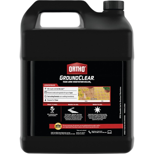 Black container of Ortho vegetation killer concentrate for long-lasting weed and grass control in home improvement projects