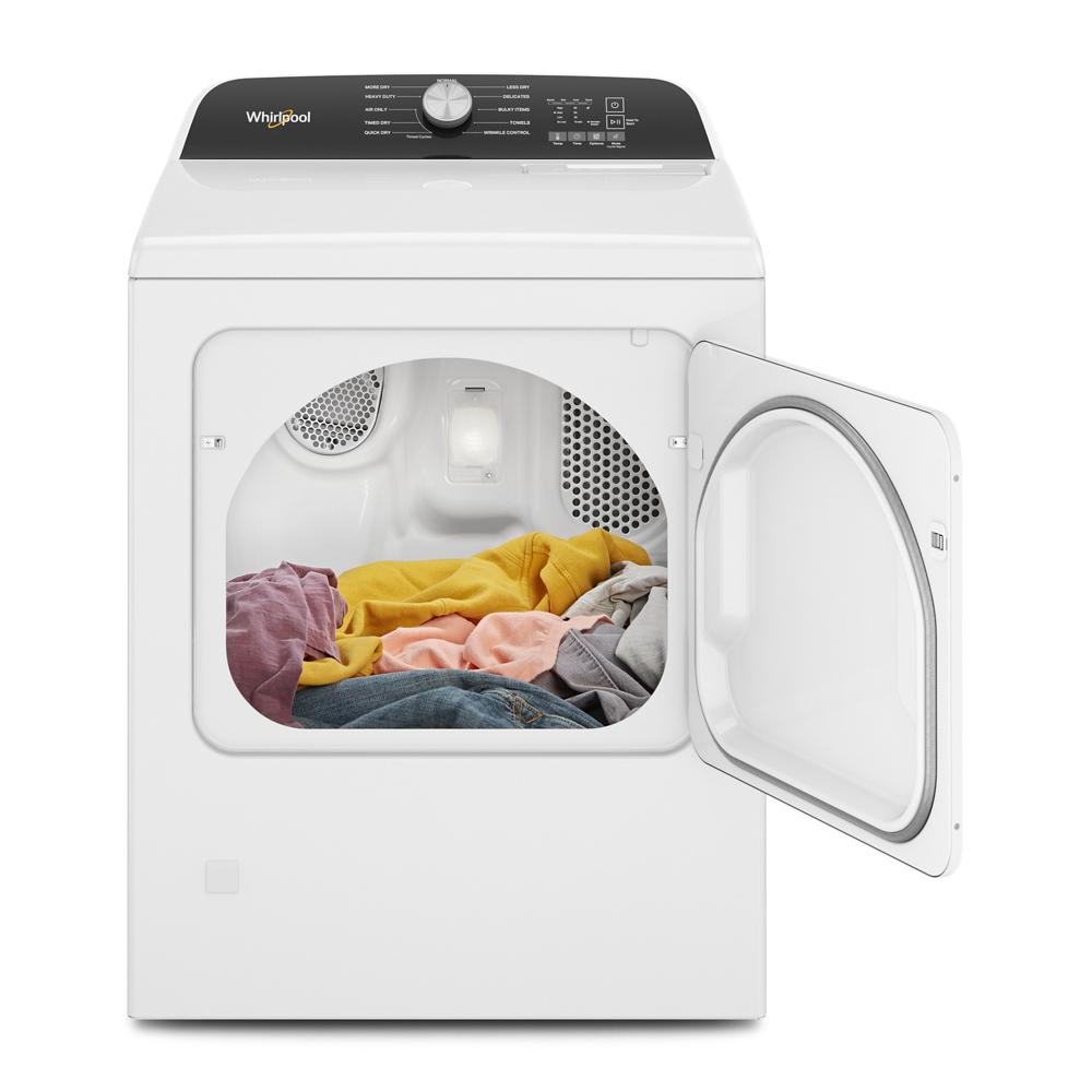 Front view of white long vent gas dryer with open door and colorful clothes inside from Dryers collection