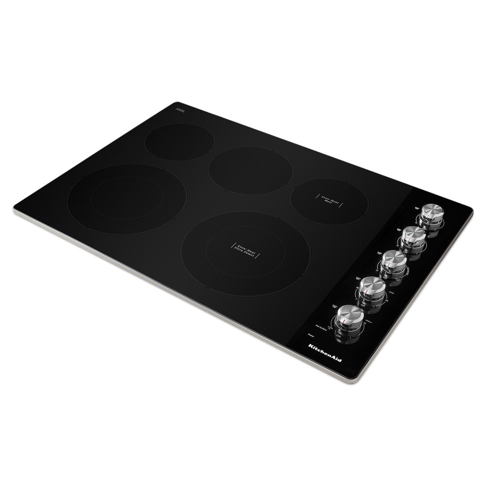 Black electric cooktop with five burners and chrome knob controls from KitchenAid cooktops collection