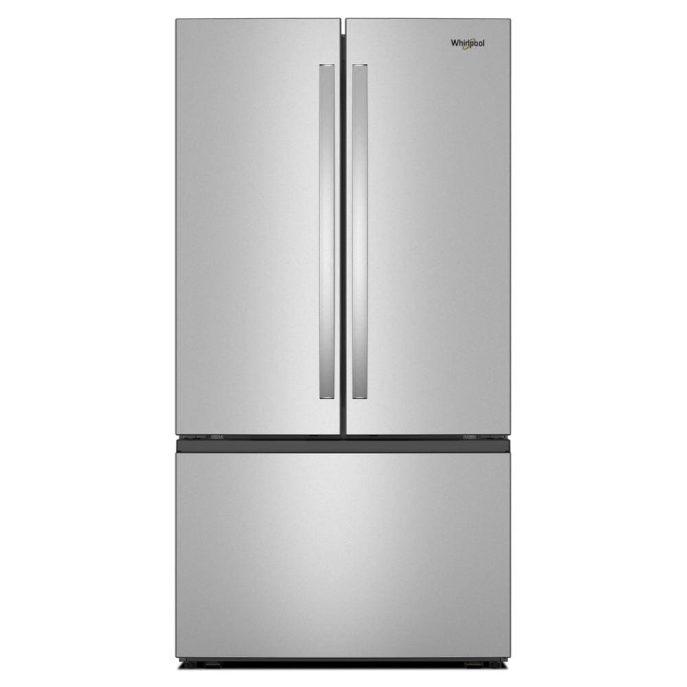 Stainless steel 36-inch French door refrigerator with bottom freezer in kitchen and appliances collection