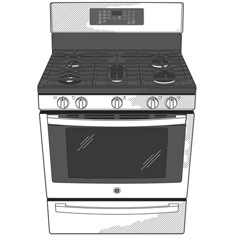 Free-standing gas range with five burners, digital control panel, and oven door for kitchen appliance collection