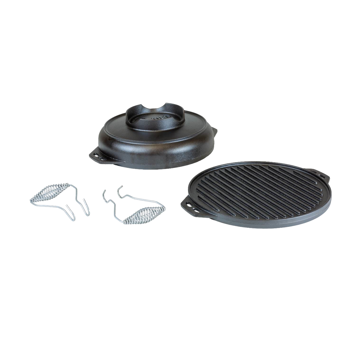 Cast iron grill plate with ridged surface, lid, and two metal handle grips from Lodge Cast Iron Kitchenware collection
