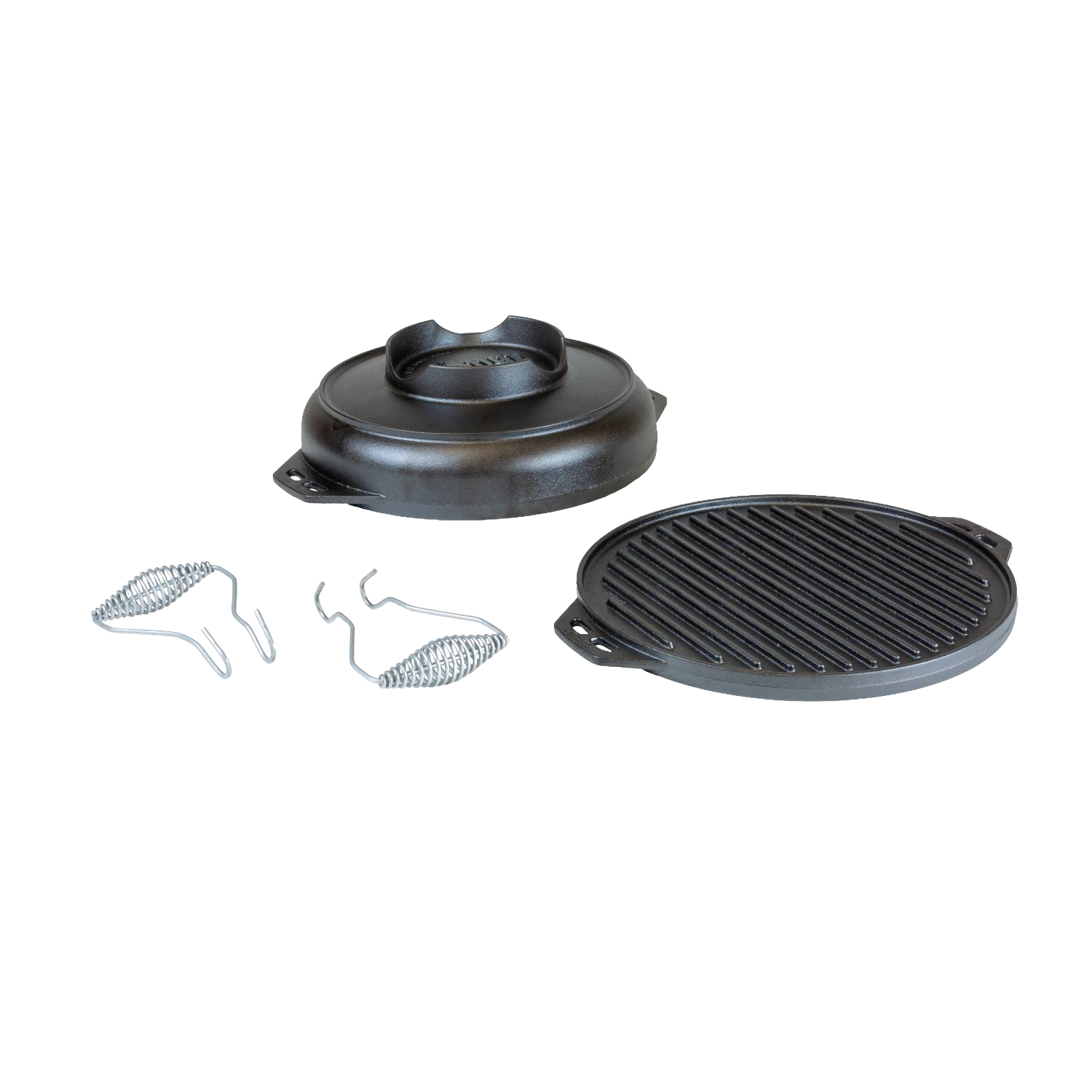 Cast iron grill plate with ridged surface, lid, and two metal handle grips from Lodge Cast Iron Kitchenware collection
