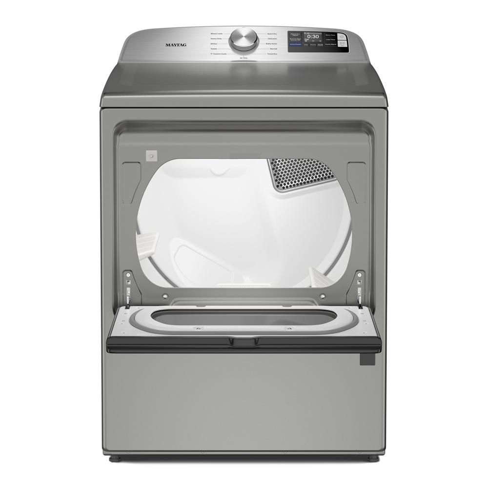 Top load gas dryer with open door, stainless steel finish, control knob, and digital display from dryers collection