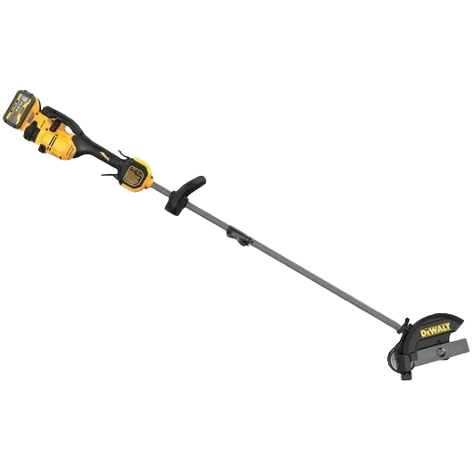 Cordless yellow and black attachment capable edger with long shaft and ergonomic handle for home improvement tasks