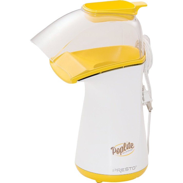 Compact white and yellow hot air popcorn popper with clear chute for quick snack making in kitchen appliances under $50