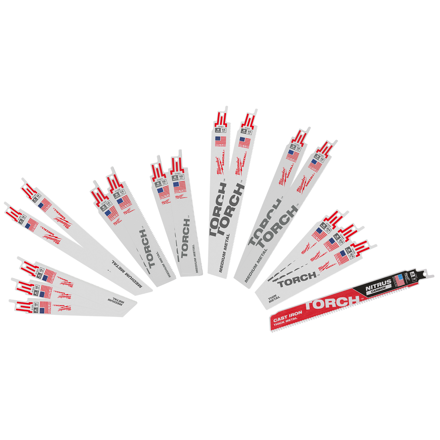 Set of metal cutting Sawzall blades including TORCH demolition and cast iron styles, featured in the power tool accessories and woodworking tools collection at Hartville Hardware for home improvement.