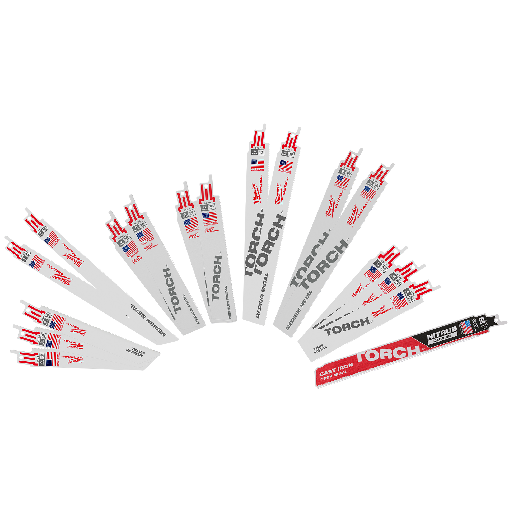 Set of metal cutting Sawzall blades including TORCH demolition and cast iron styles, featured in the power tool accessories and woodworking tools collection at Hartville Hardware for home improvement.