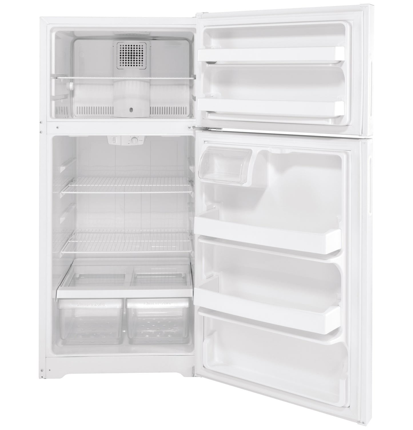 Open white recessed handle top-freezer refrigerator with adjustable shelves and door bins in kitchen appliances collection