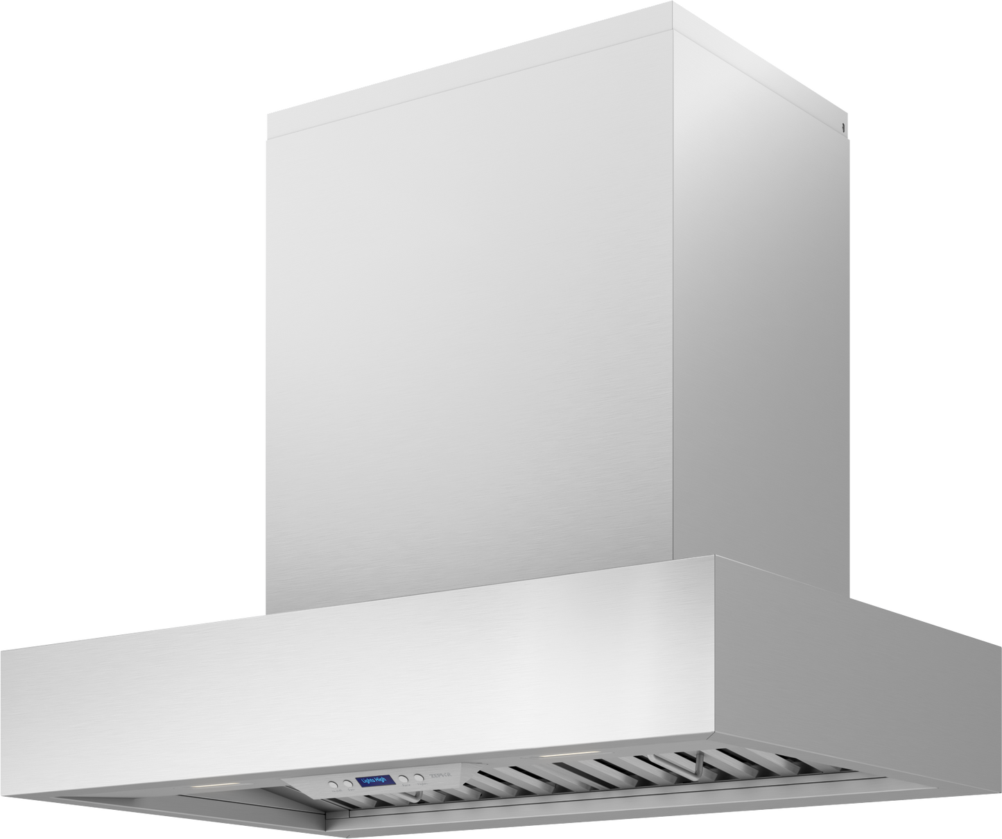 Large stainless steel chimney hood with modern design and digital controls in over the range hoods collection