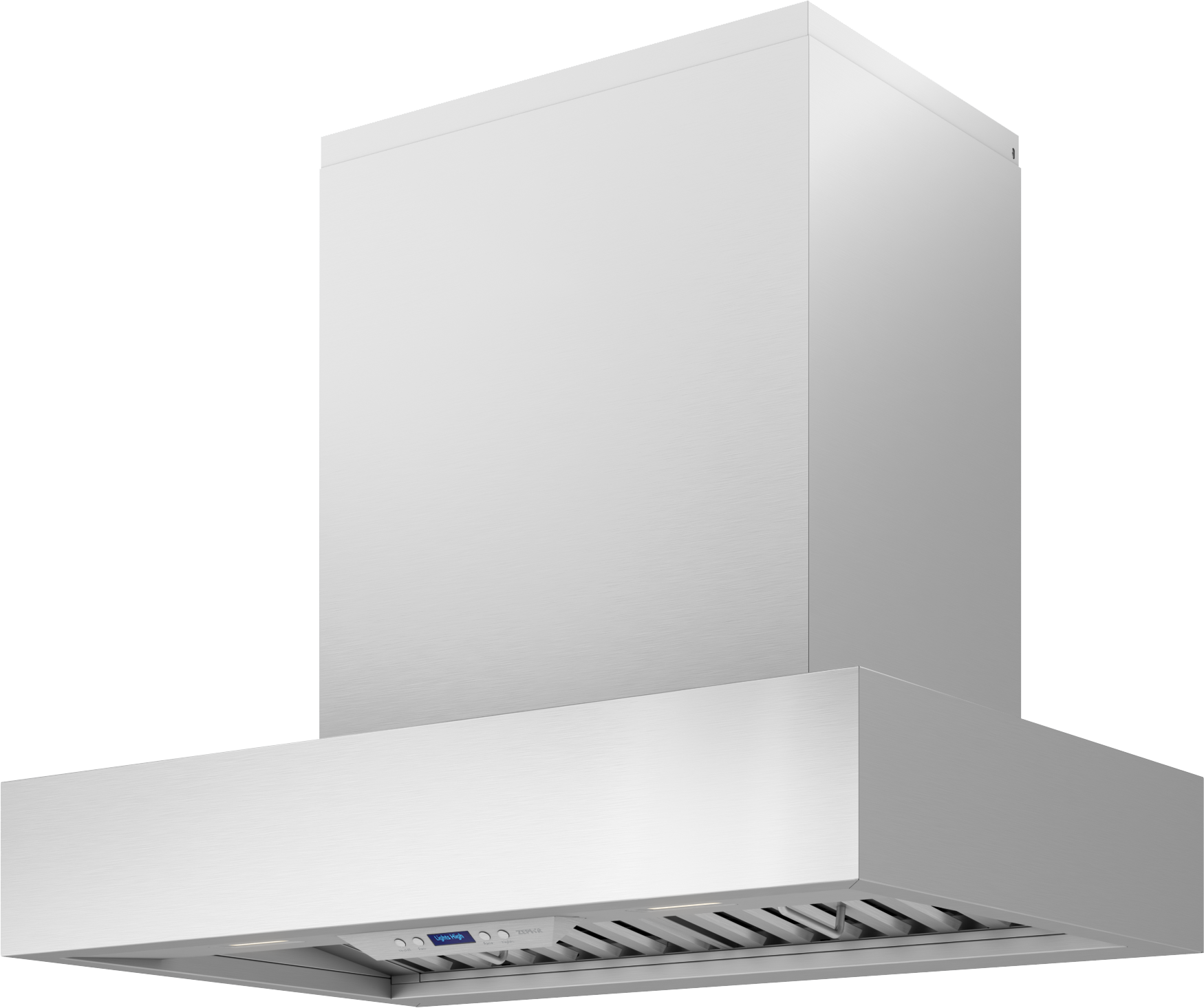 Large stainless steel chimney hood with modern design and digital controls in over the range hoods collection