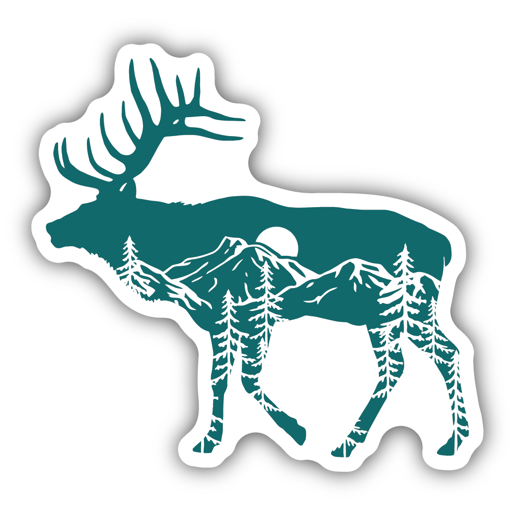 Elk-shaped sticker with mountain and pine tree silhouette design in forest green for outdoor and nature lovers