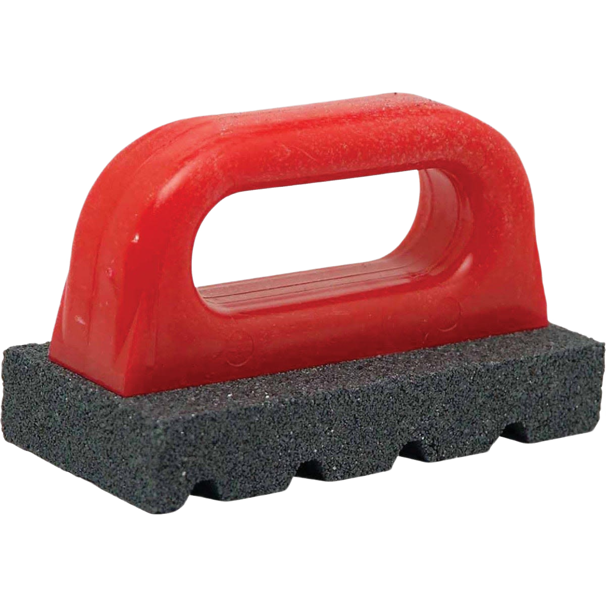 Fluted rubbing brick with black abrasive surface and sturdy red plastic handle for home improvement projects