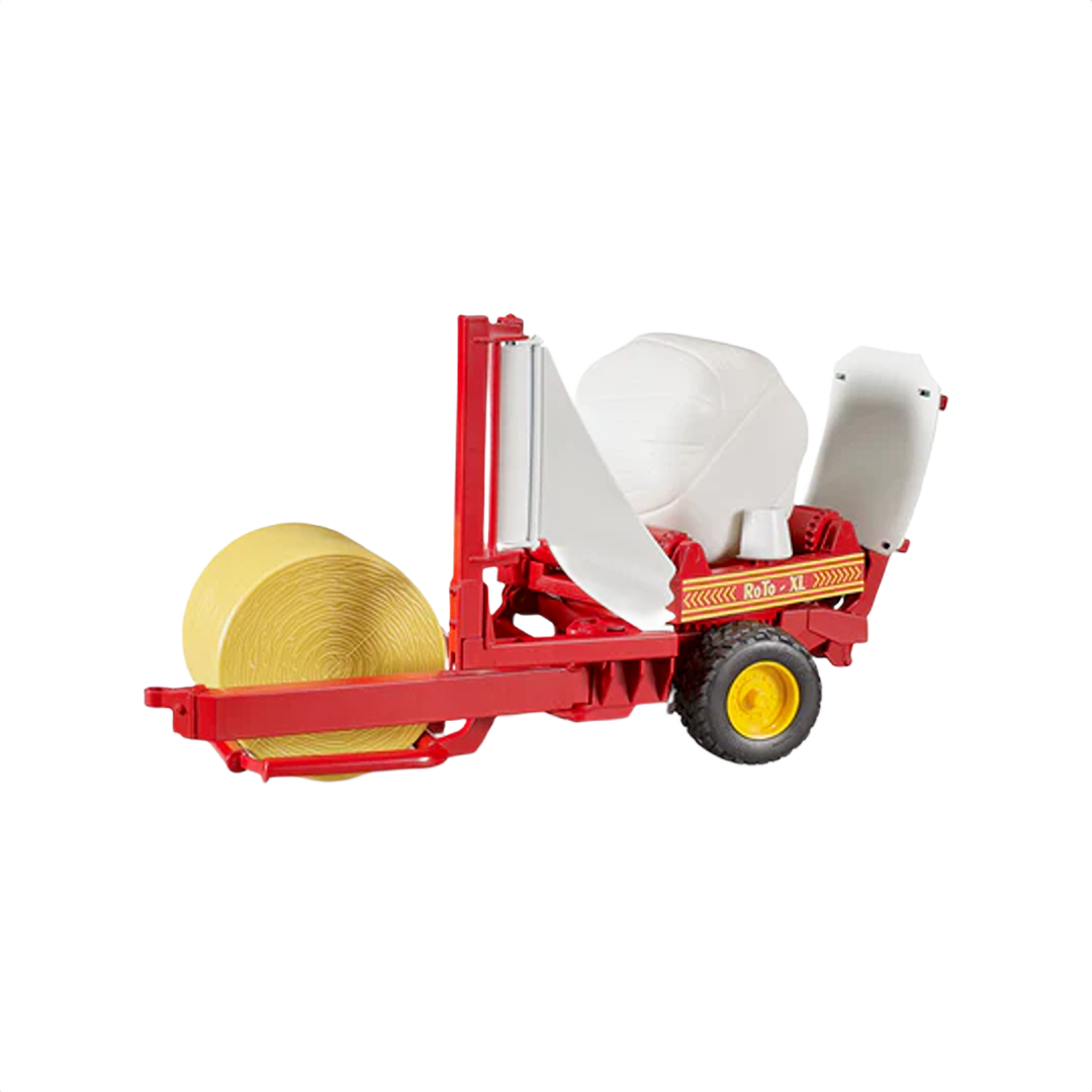 Red and yellow bale wrapper machine with wrapped and unwrapped bales for efficient farming and agricultural tasks