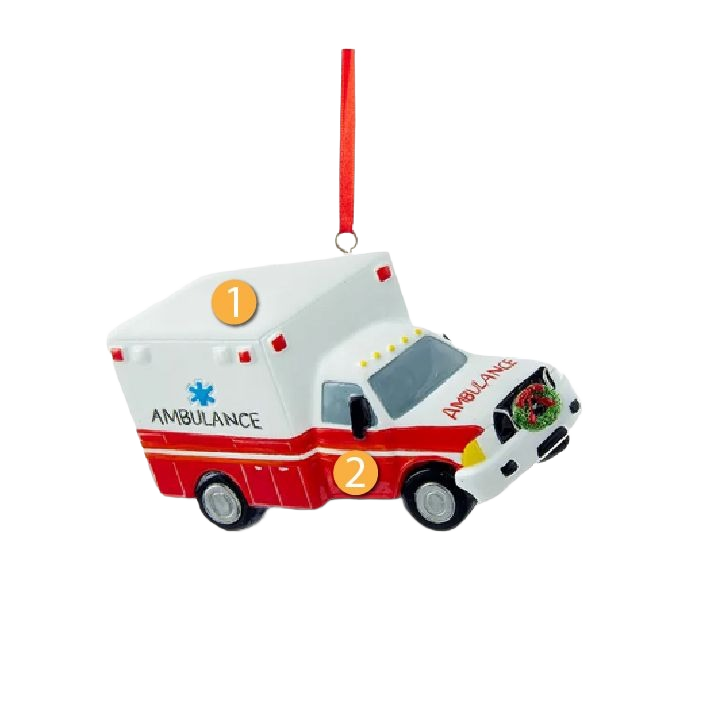 Personalized red and white ambulance ornament with holiday wreath for Christmas decorations under $50 collections
