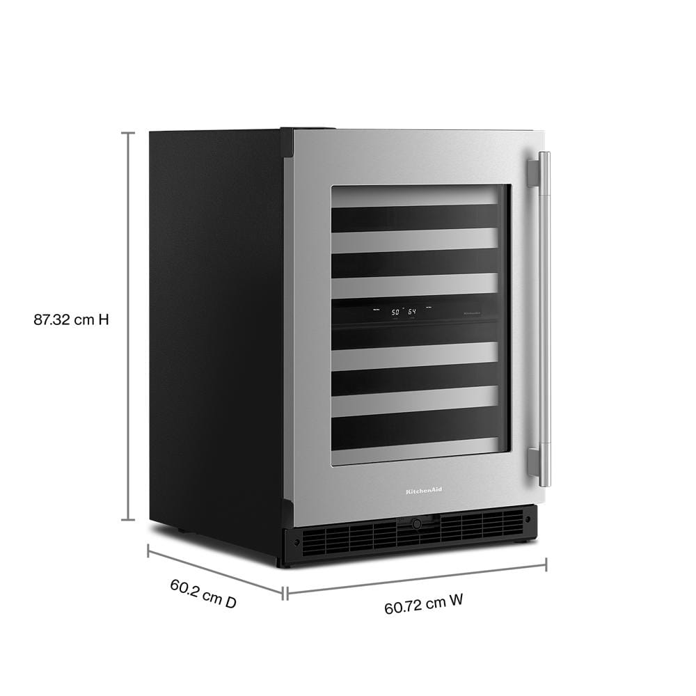 Compact stainless steel undercounter wine cellar with glass door and metal racks from KitchenAid beverage centers collection