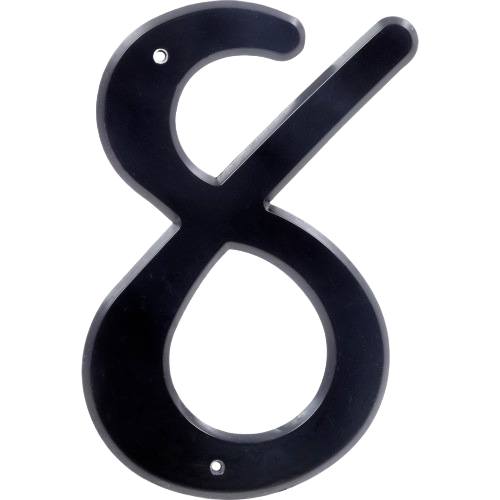 Black plastic house number 8 with nail holes for easy mounting in home improvement and hardware collections