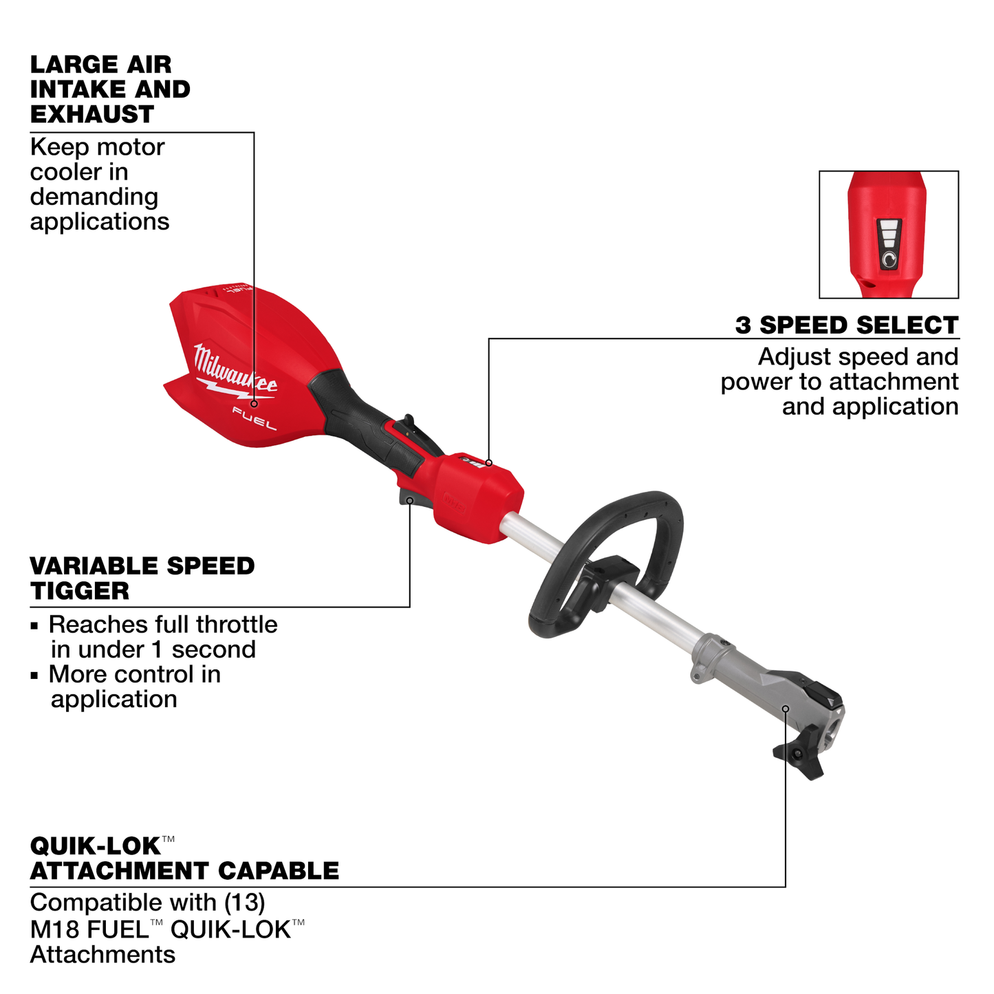 Red and black Milwaukee M18 FUEL cordless power head with variable speed trigger and QUIK-LOK attachment system