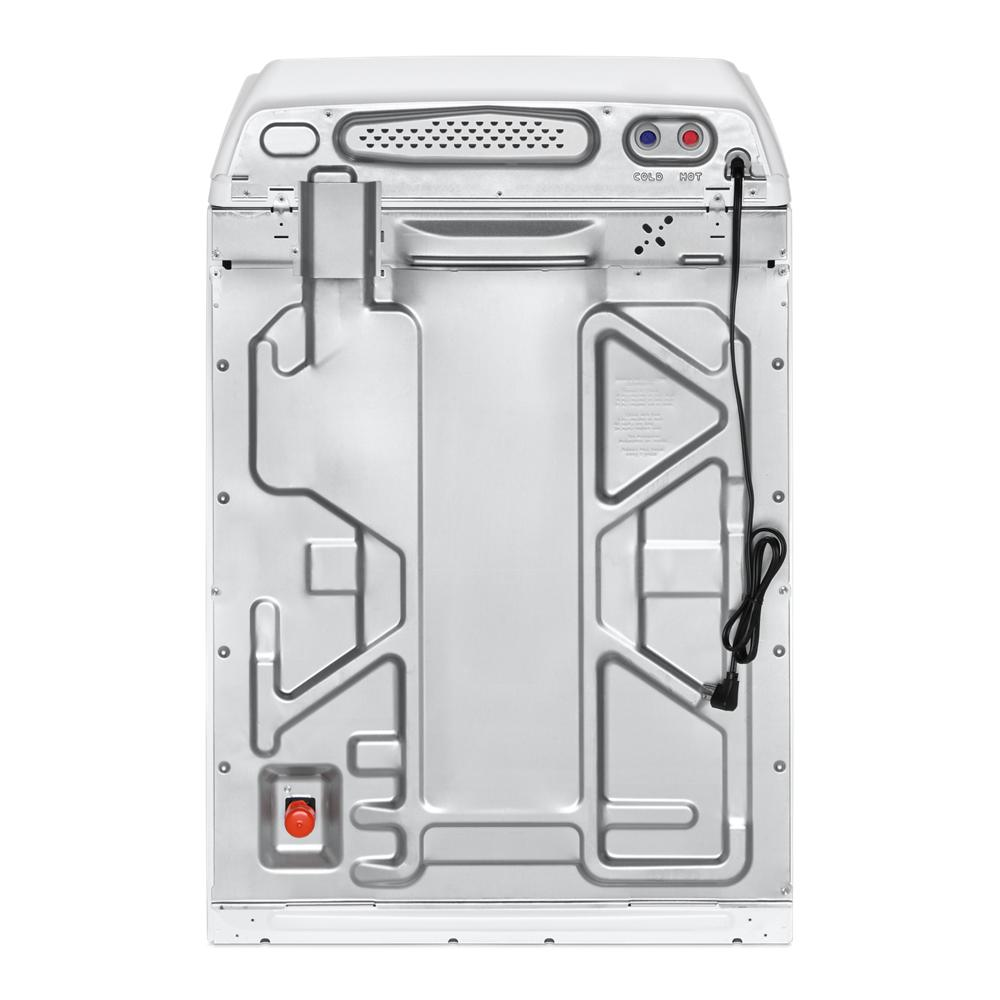 Back view of white top load washer showing water inlet valves, power cord, and metal panel for top load washers category.