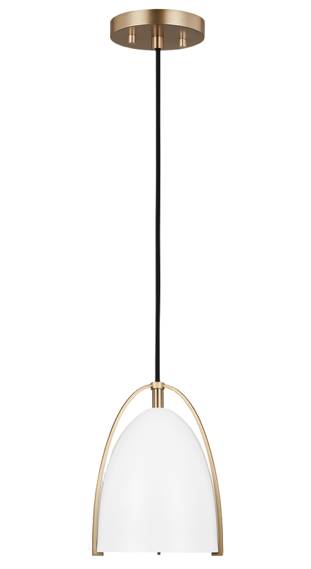 Satin brass pendant light with matte white steel dome shade, ideal for pendant lighting in bathroom and bath collections