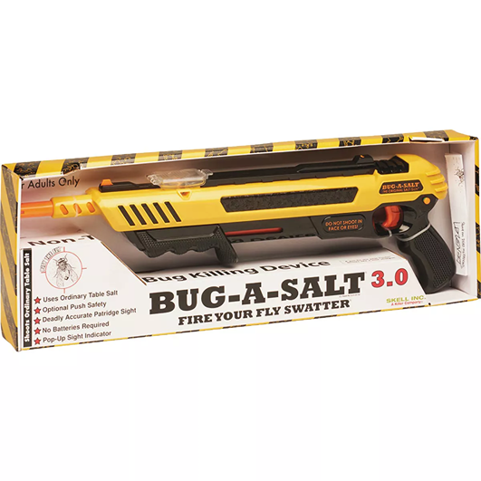 Yellow fly swatter device with safety features and salt ammunition for insect and pest control in lawn and garden tools collections