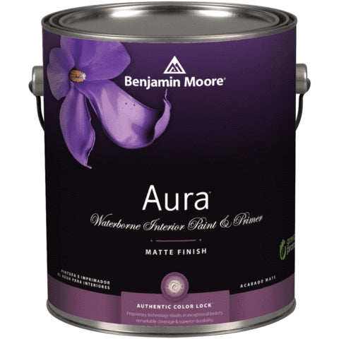 One gallon can of Benjamin Moore Aura matte finish interior paint and primer in purple packaging for home improvement
