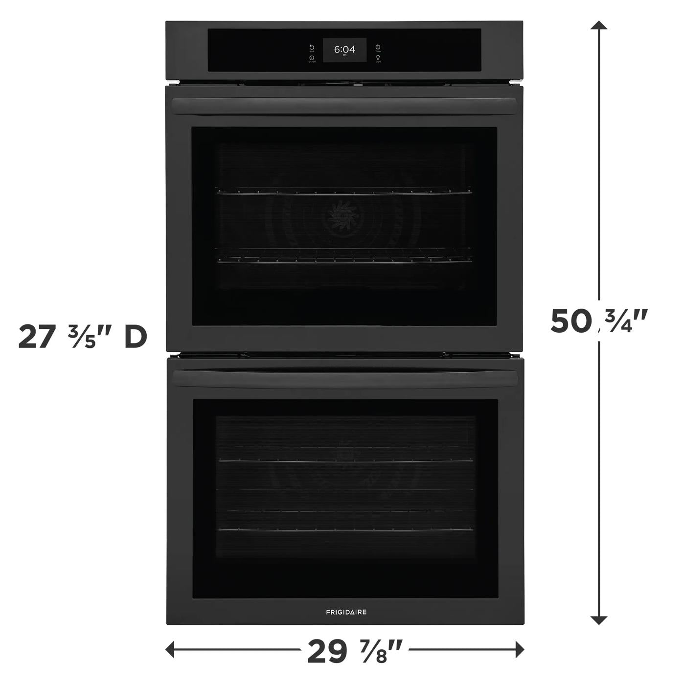 Modern black double wall oven with digital touch controls, fan convection, and spacious interior for kitchen use