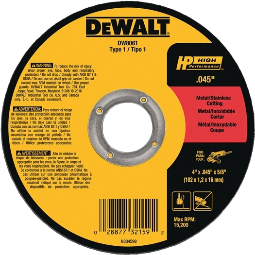 Round metal cutting wheel with yellow and red label for cutting metal and stainless steel in tools and home improvement tasks