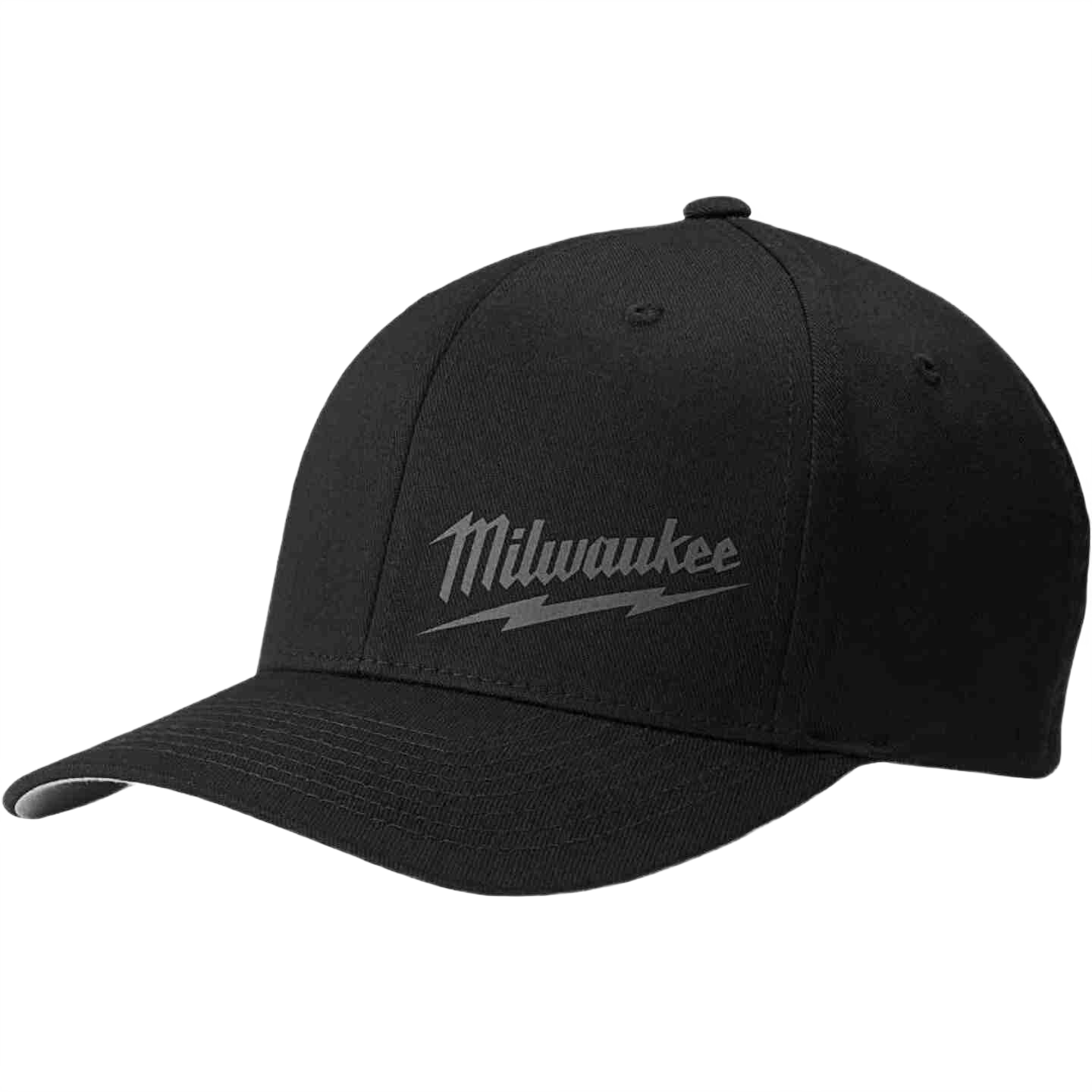 Black fitted hat featuring a subtle Milwaukee logo, designed for casual workwear and home improvement enthusiasts