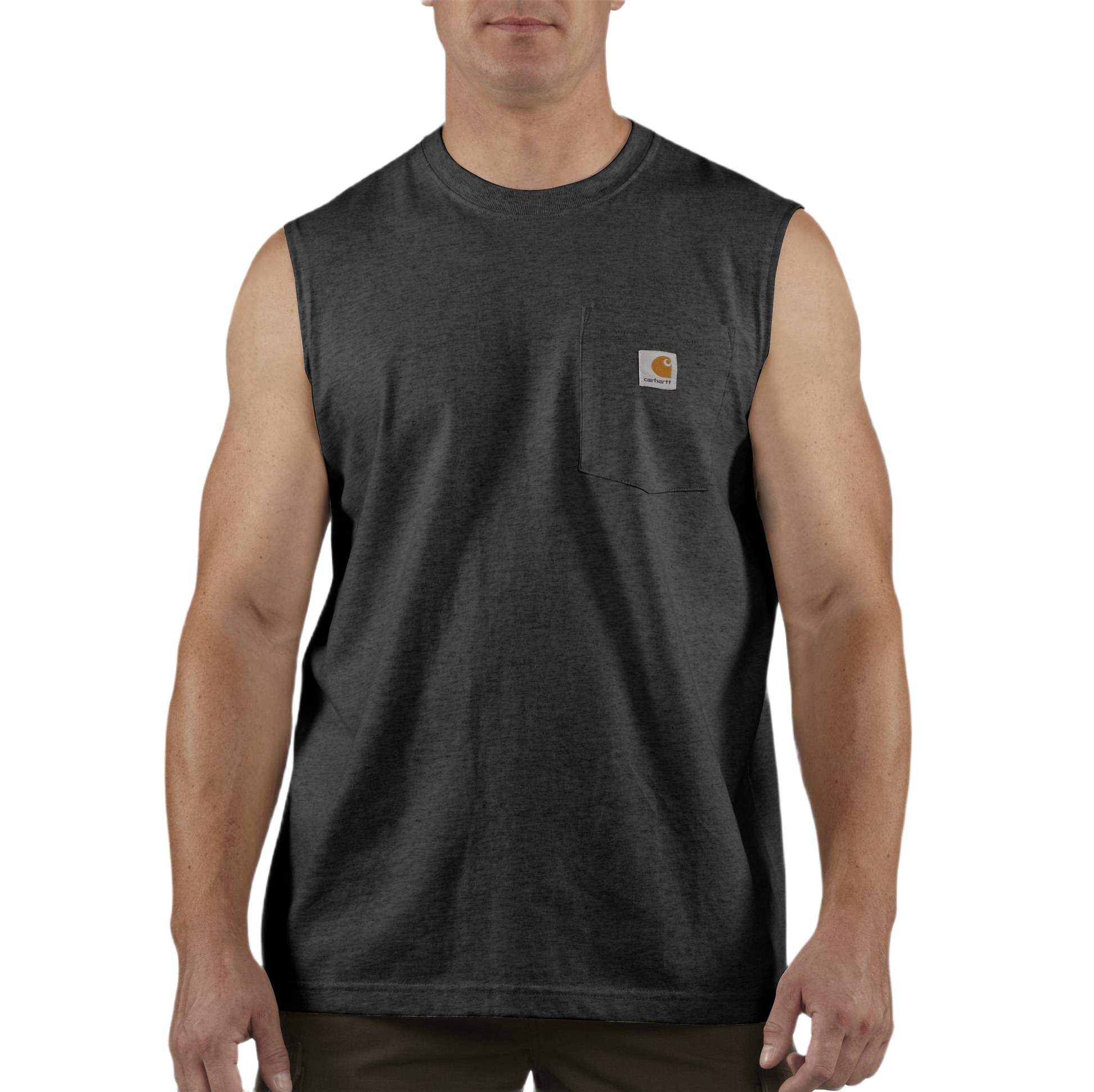 Man wearing black sleeveless pocket tank top with logo patch on left chest, casual workwear style
