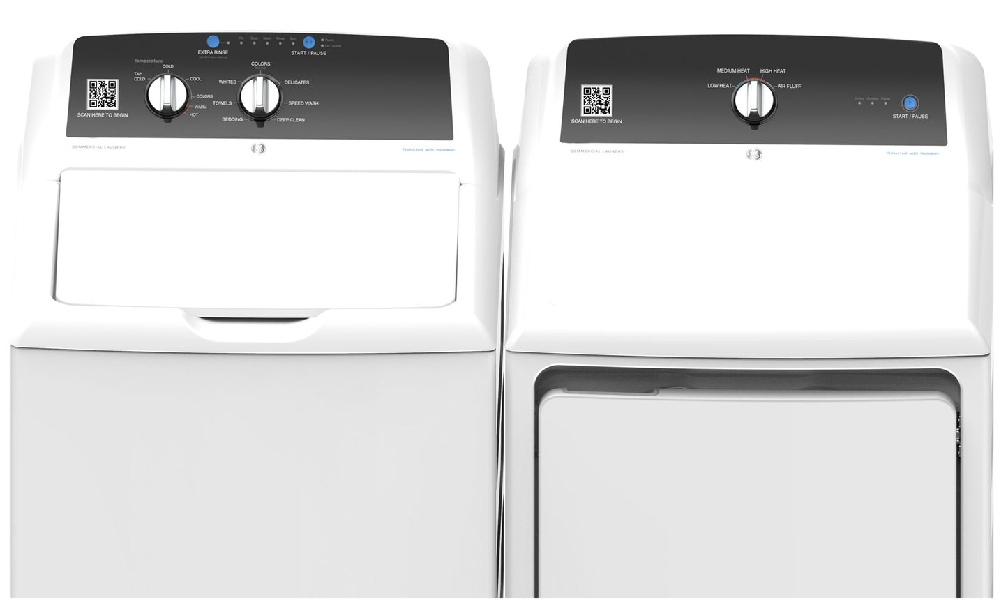 Front view of white GE washer and commercial electric dryer pair with black control panels in laundry appliances collection