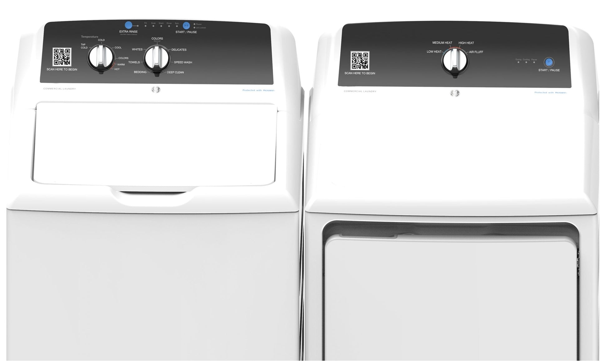 Front view of white GE washer and commercial electric dryer pair with black control panels in laundry appliances collection