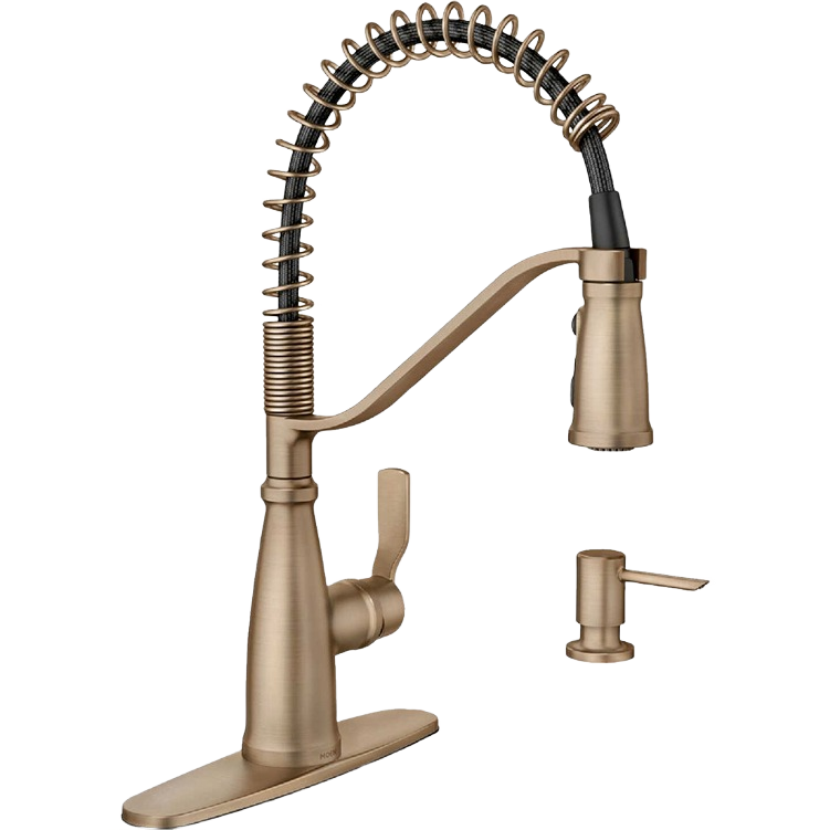Bronze gold high arc pulldown kitchen faucet with single handle and matching soap dispenser in kitchen sink faucets collection