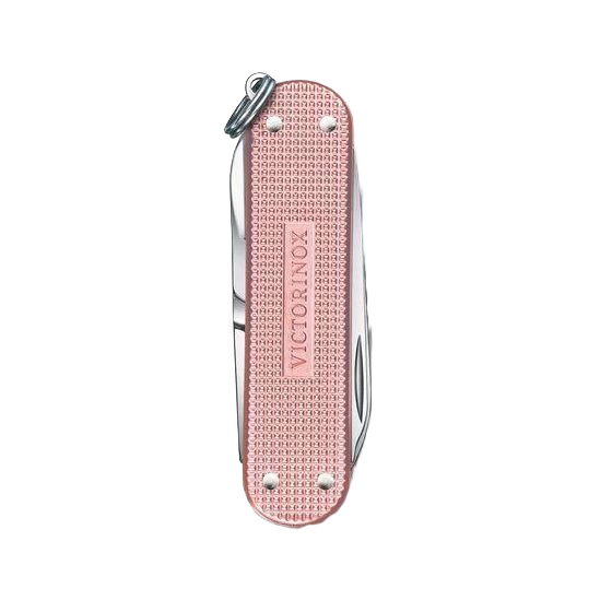 Compact pink alox pocket knife with five functions for cutting and everyday tasks in hand and woodworking tool collections